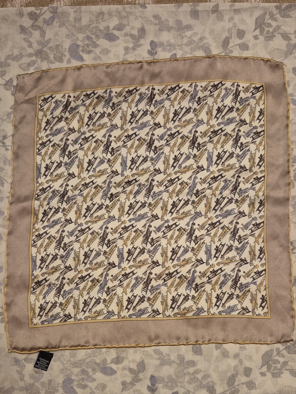 Source Unknown Beige, Taupe and Gold Pocket Square with Airplane Motif